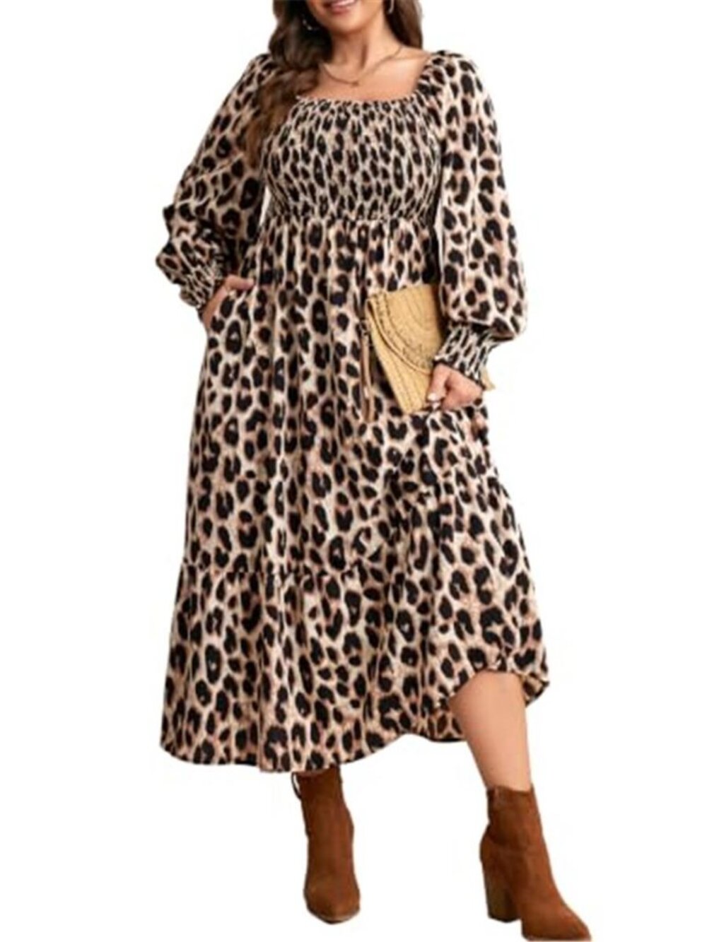 Women Plus Size Fall Dresses Long Sleeve Smocked Boho Floral Maxi Dress